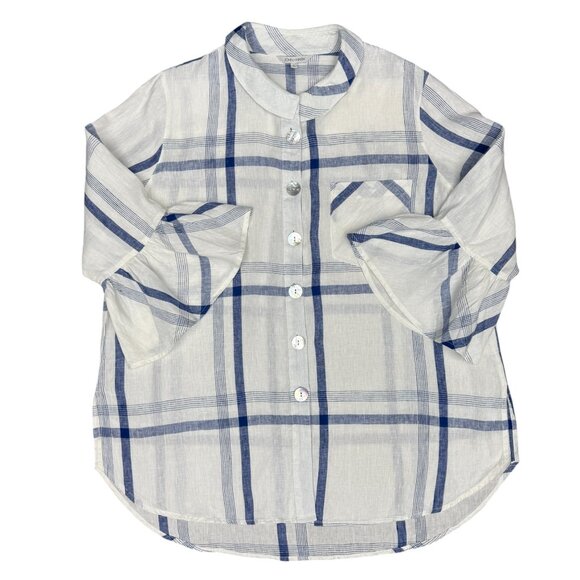Women's JOHN MARK 100% Linen Plaid Bell Sleeve Tunic Shell Buttons- Size Large - Picture 1 of 7